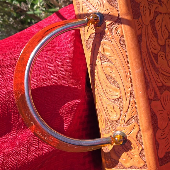 HAND TOOLED Cowhide Leather Purse with Melamine handle. VINTAGE Brown /Tan - Picture 13 of 17